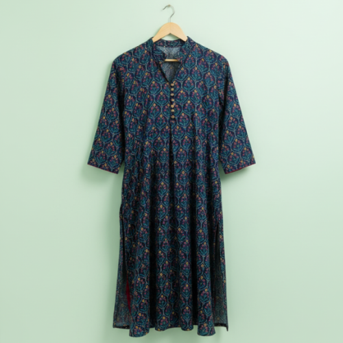 Floral Navy – Linen Kurti, Navy Blue Flower Print