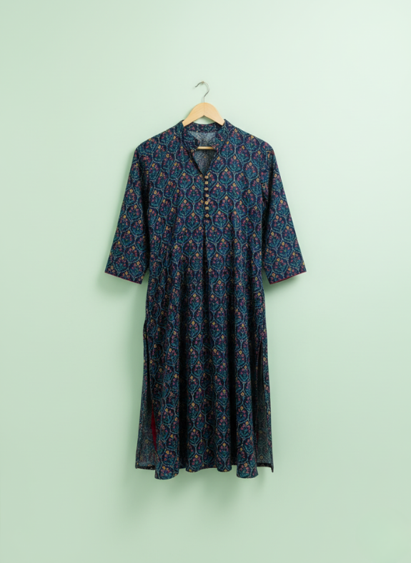 For Clothes Floral Navy – Linen Kurti, Navy Blue Flower Print